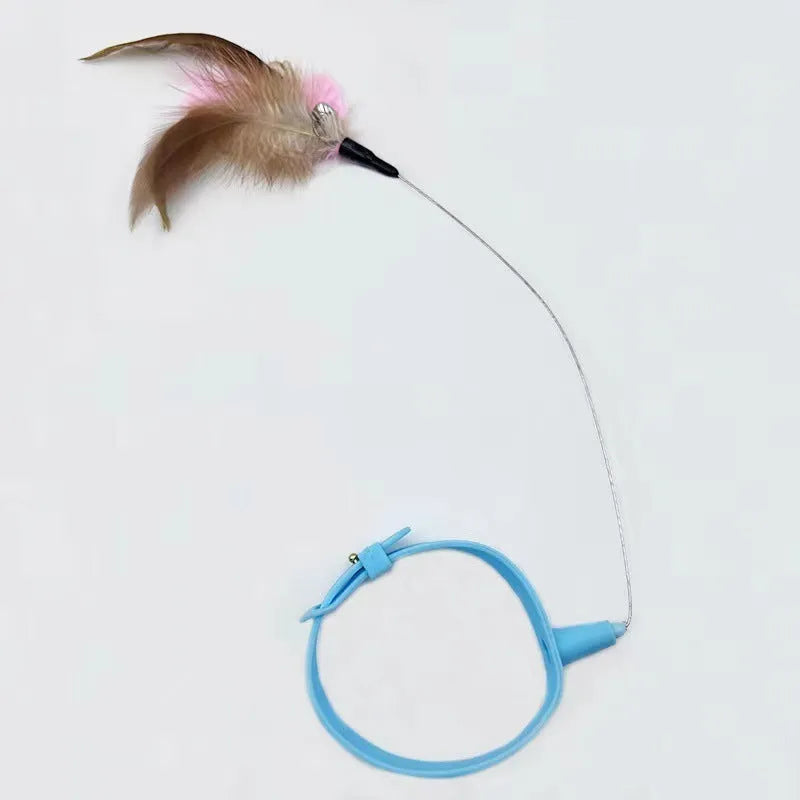 Blue adjustable cat collar with attached silicone teasing wand, dangling feathers, and bell