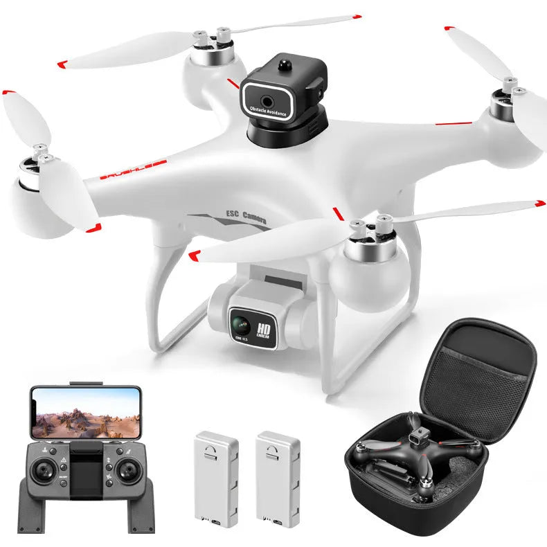 Black HD brushless UAV drone with four propellers and a camera, shown with its remote control.