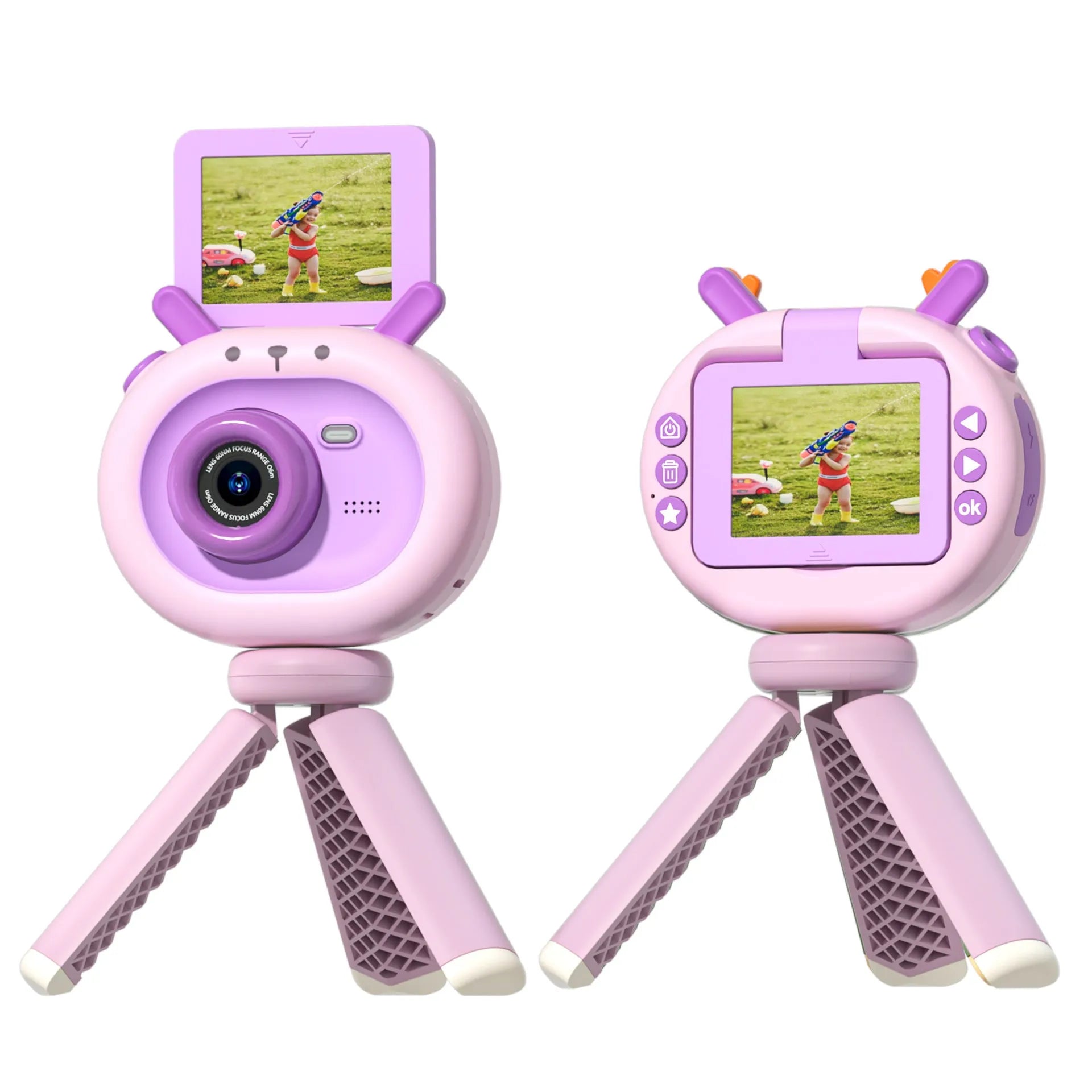 Purple and dark green children's digital camera with flip screen, silicone case, and lanyard.