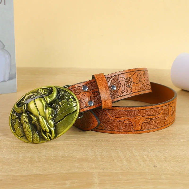 Men's brown imitation leather belt with a detailed silver alloy cow head buckle and pin fastener.