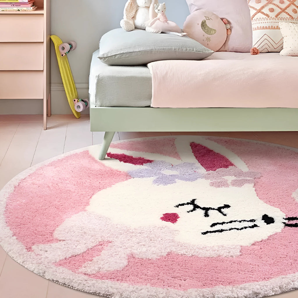 Round rabbit carpet for children's room in polyester, available in 80cm, 100cm or 150cm diameter