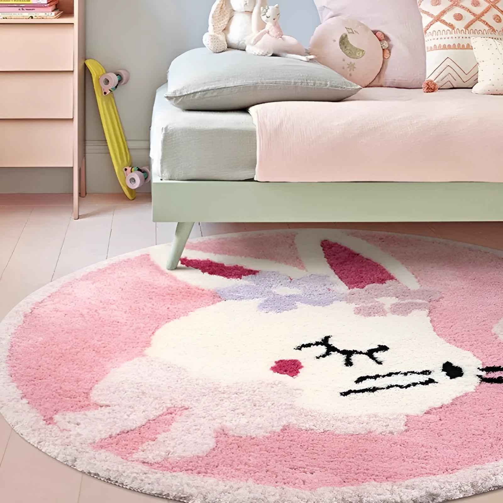 Round rabbit carpet for children's room in polyester, available in 80cm, 100cm or 150cm diameter