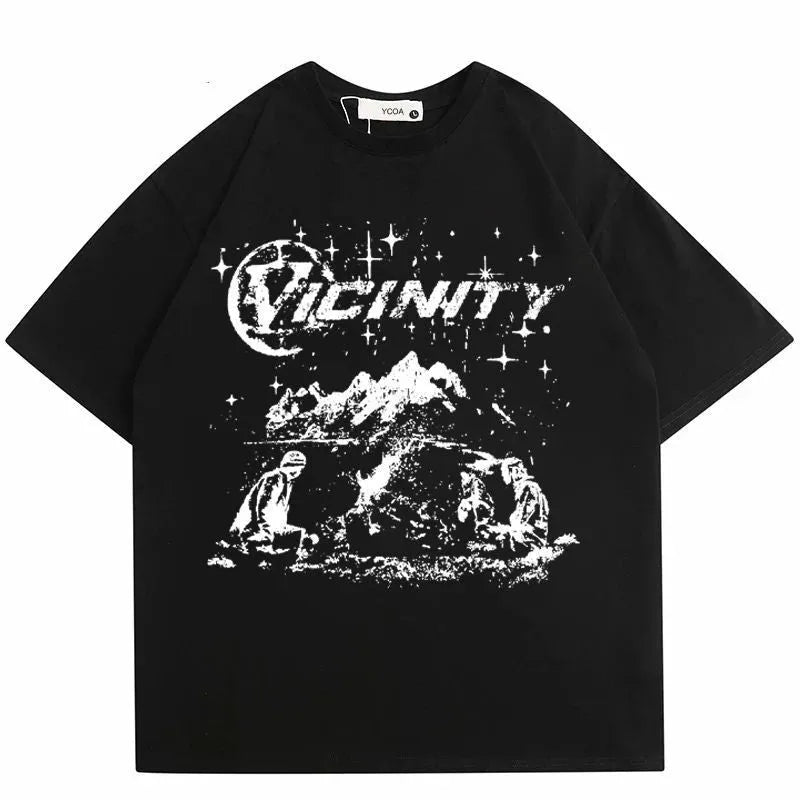 Men's black Y2g printed cotton t-shirt with artistic retro design and loose fit