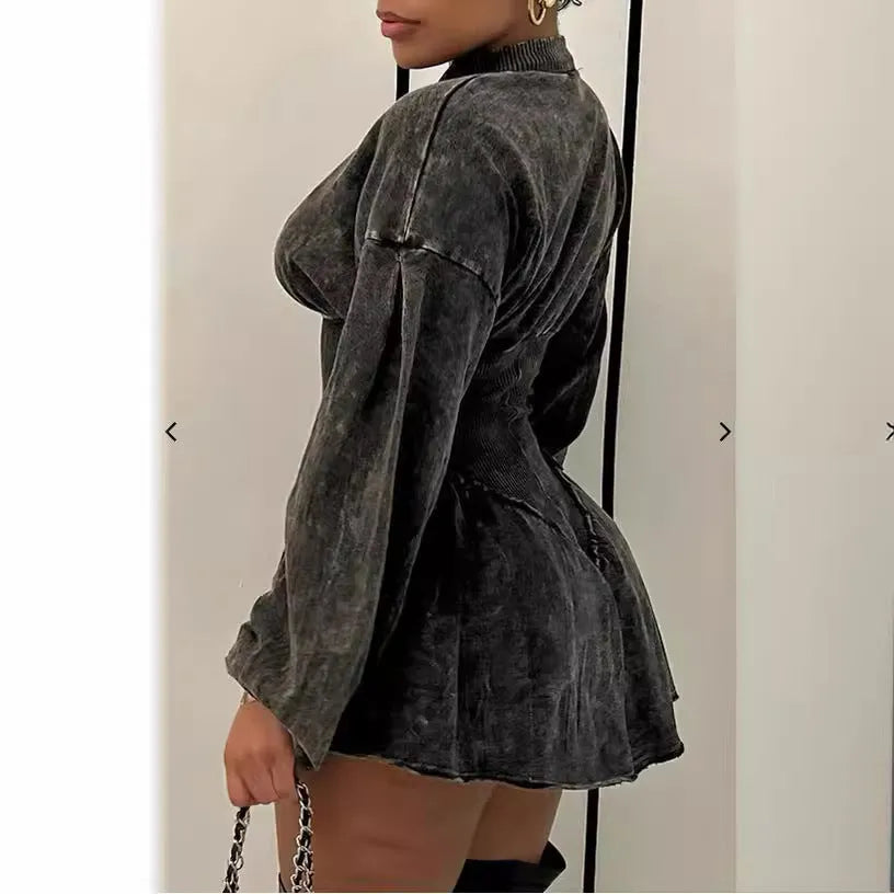 Grey dress with digital printing, a drawstring waist, and a short A-line skirt.