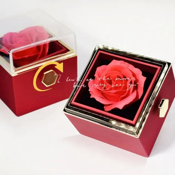 Rotating drawer jewellery gift box with red preserved rose under clear acrylic dome, showing open compartment.