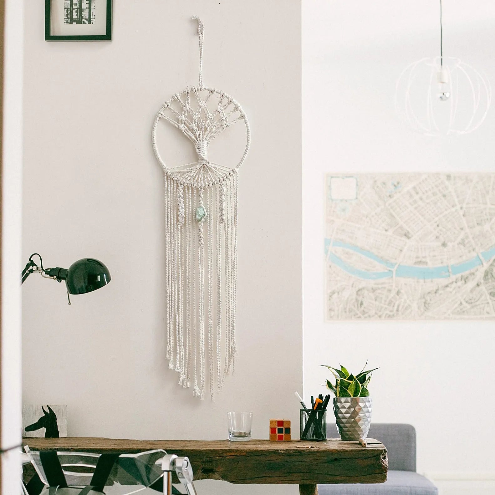 Handmade dream catcher tree tapestry in cotton rope, 73x18cm rectangular wall hanging with European style hand weaving