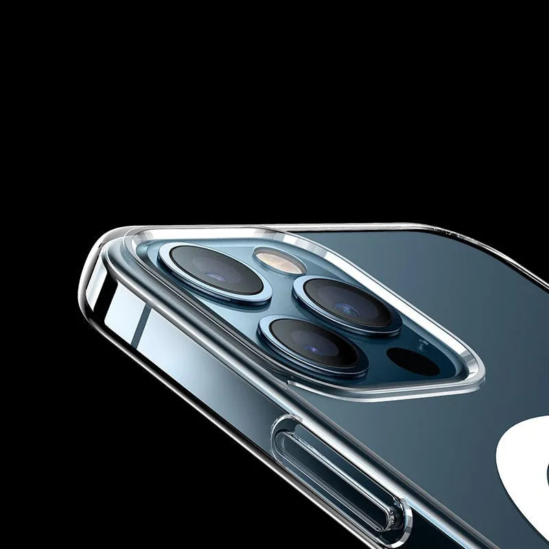 Transparent magnetic hard case for iPhone showing Magsafe ring alignment on clear polycarbonate back.