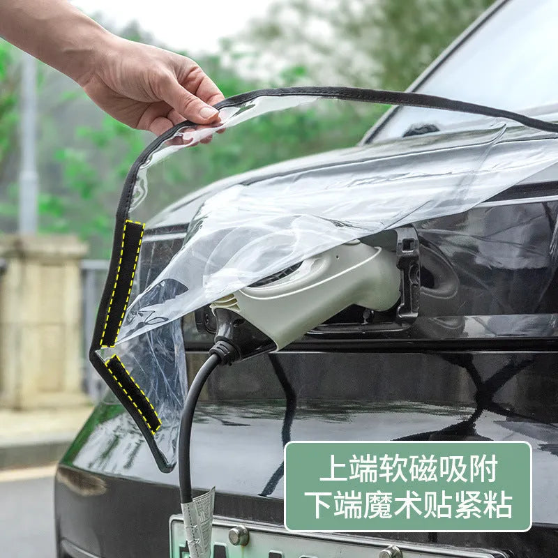 Black magnetic waterproof rain cover for electric vehicle charging gun and port, shown unfolded.