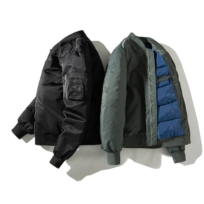 Men's solid pilot jacket in green, 100% polyester, long sleeves, ribbed hem, casual outerwear