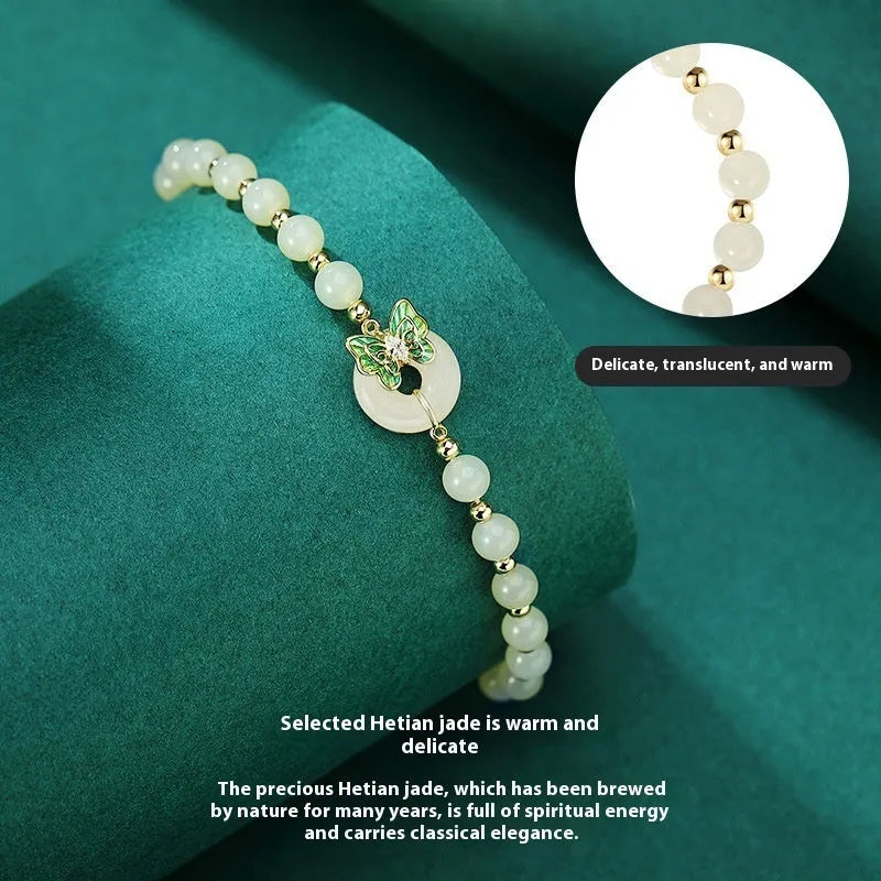 Hetian jade bracelet for women with butterfly design and sterling silver inlaid gemstones