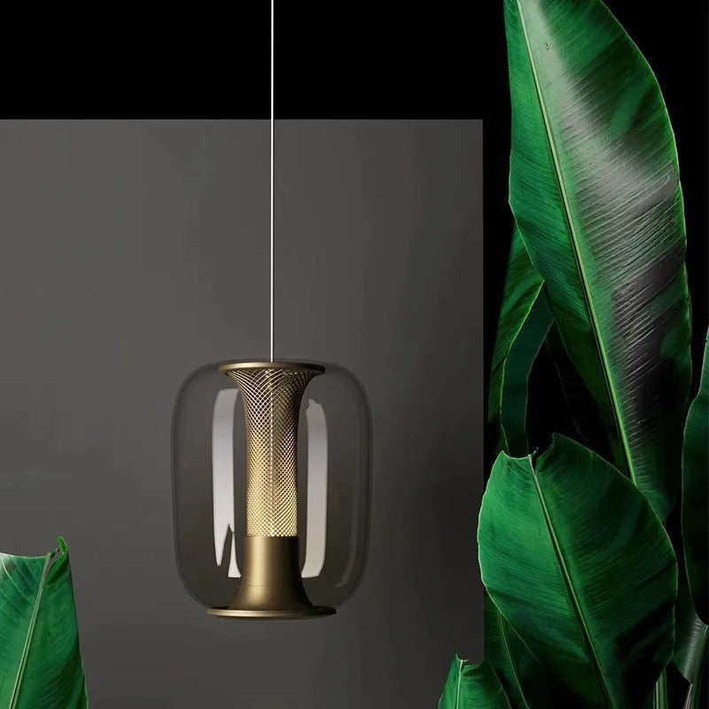 Nordic minimalist ceiling chandelier in transparent, cognac, or smoky grey, 16cm diameter.