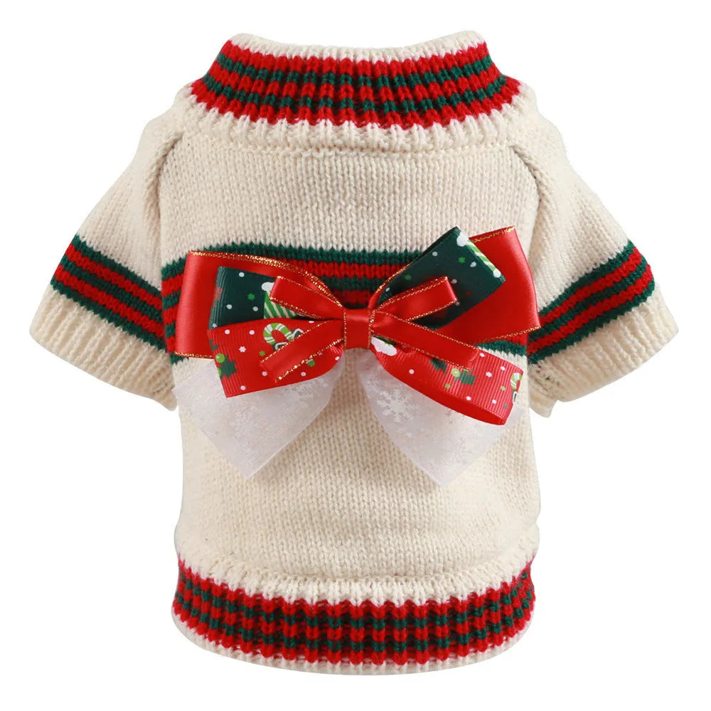 Dog wearing Christmas jumper in red colour, seasonal pet clothing for holiday photos