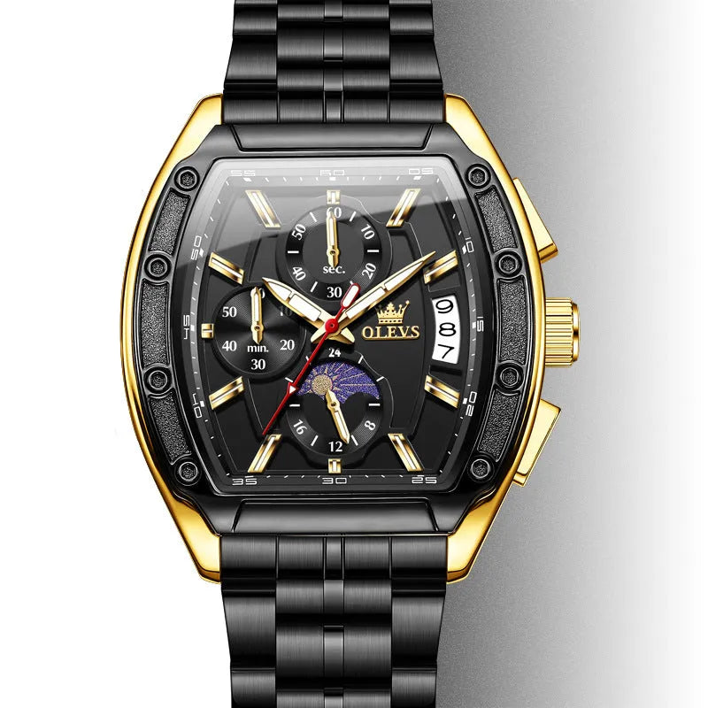 Men's quartz watch with stainless steel strap, luminous dial, moon phase and calendar, 42mm barrel case, blue or black