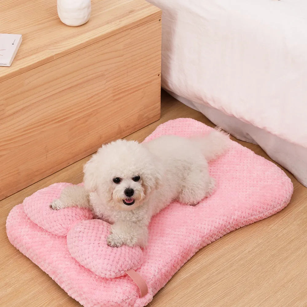 Soft plush pet bed mat with attached pillow in gray, available in large size 75x50x7cm for dogs and cats