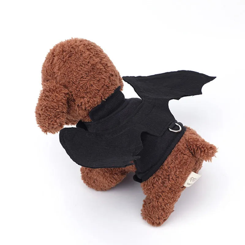Black polyester bat wings costume for a dog, showing chest and back attachment.