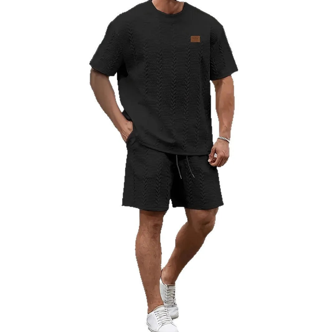 Men's black solid colour patch design short sleeve T-shirt and shorts two-piece sports set
