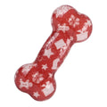 Printed bone-shaped TPR dog chew toy in seasonal colours that makes a nibbling sound