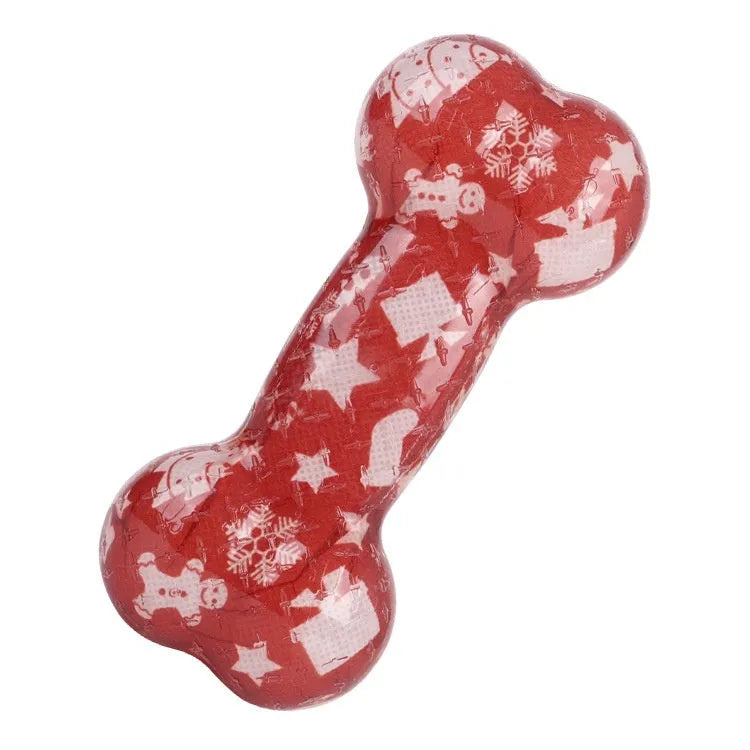 Printed bone-shaped TPR dog chew toy in seasonal colours that makes a nibbling sound