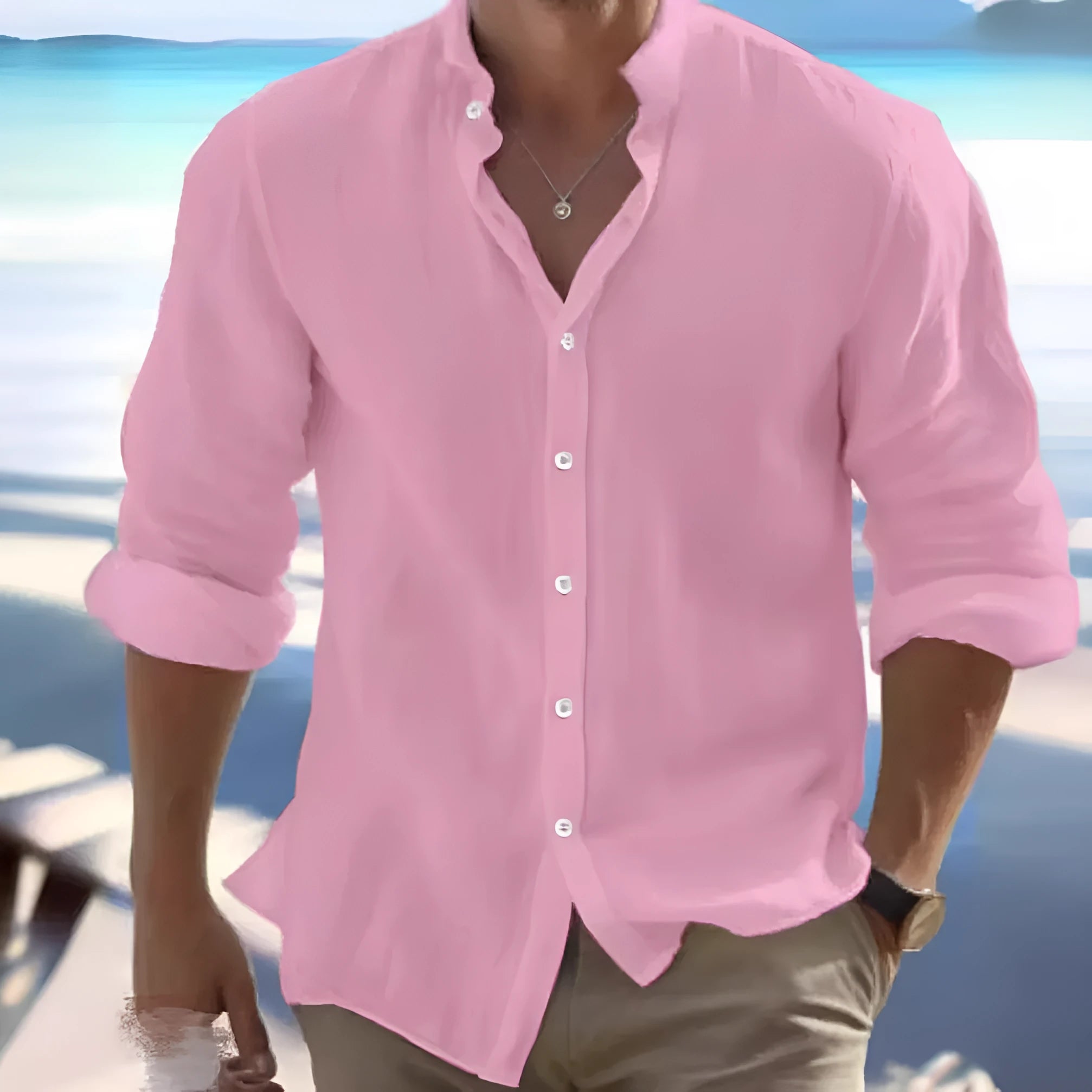 Men's light grey long-staple cotton button-front beach shirt laid flat.