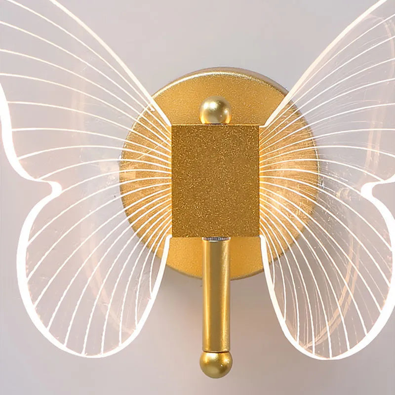 Gold butterfly acrylic wall lamp with three-colour dimming for warm bedside decoration