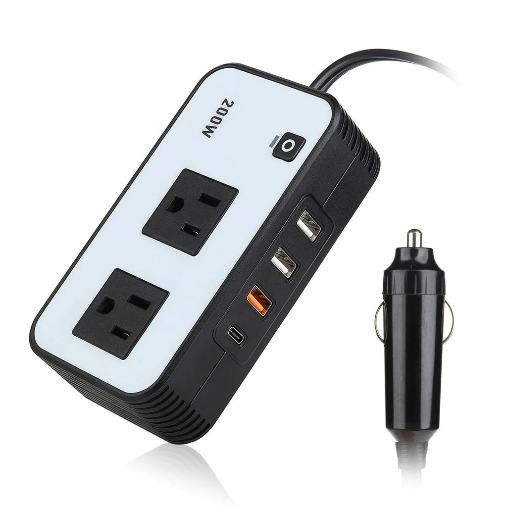 200W car inverter with double American standard socket and QC PD fast charging ports