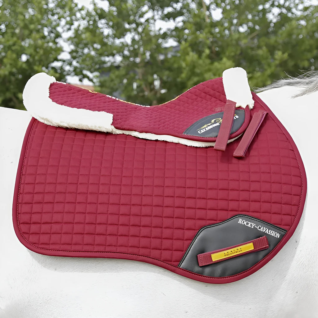 Riding saddle pad for waist protection in black, navy blue, white, or wine red.
