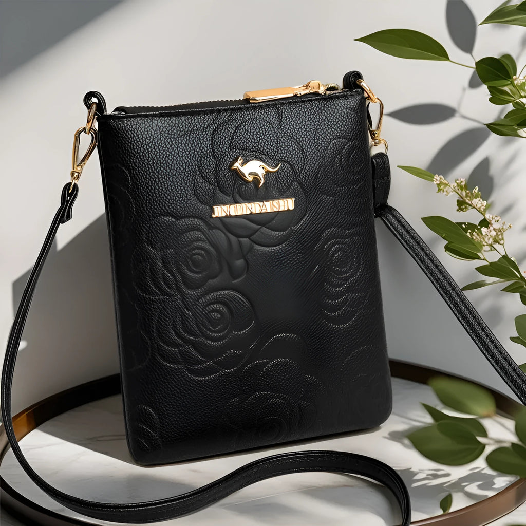 Black PU leather messenger bag with shoulder strap and internal file compartment