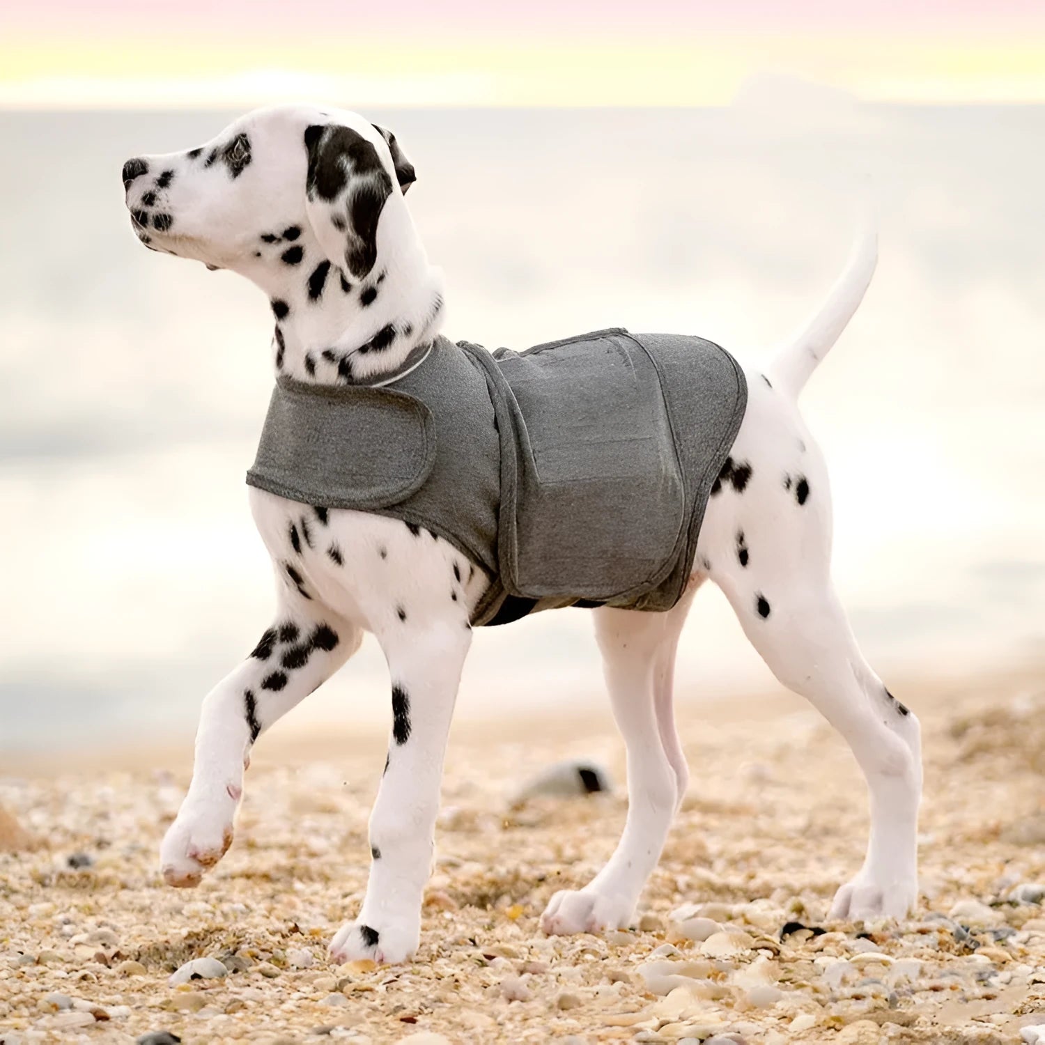 Heather Grey dog anxiety vest in brocade cotton ponte-de-roma fabric, shown on a model dog.