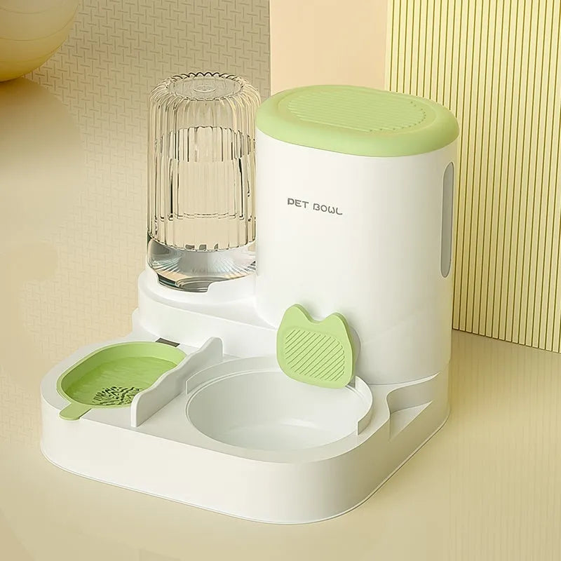 Automatic cat feeding and water fountain station with integrated double bowl in avocado green