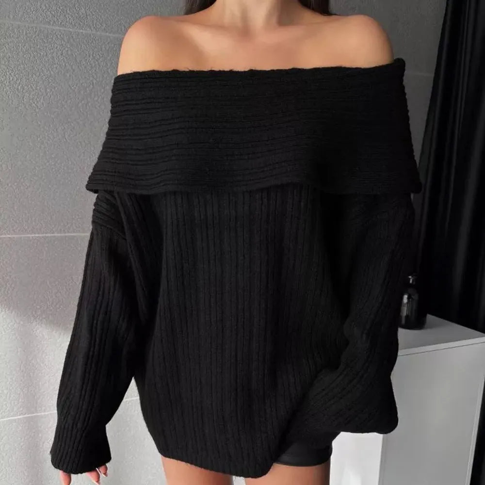 Women's loose fit acrylic off-neck sweater in four colour options showing front and back views