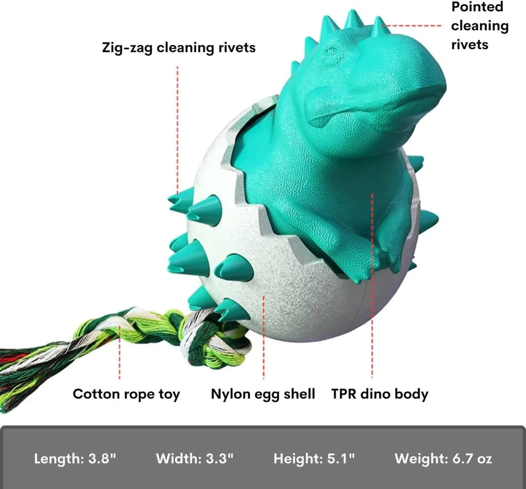 Blue dinosaur-shaped dog chew toy with textured nubs and an attached rope for aggressive chewers.