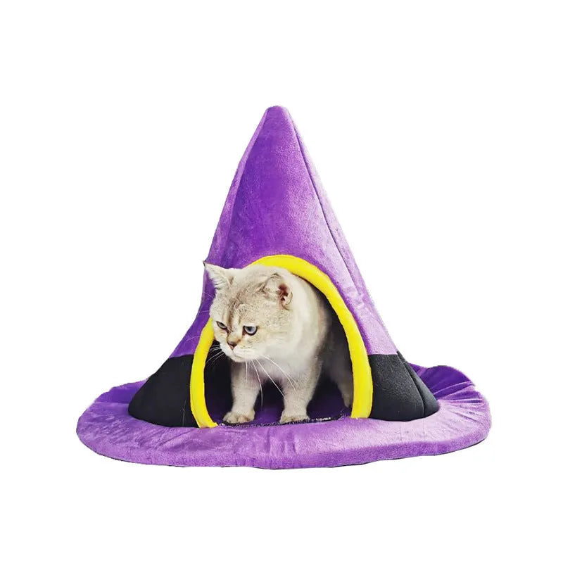 Purple Halloween witch hat shaped cloth cat bed nest for pets.
