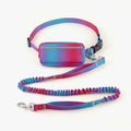 Blue hands-free dog leash with waist belt and reflective elements extended to full length