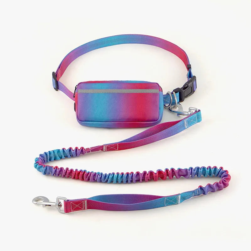 Blue hands-free dog leash with waist belt and reflective elements extended to full length