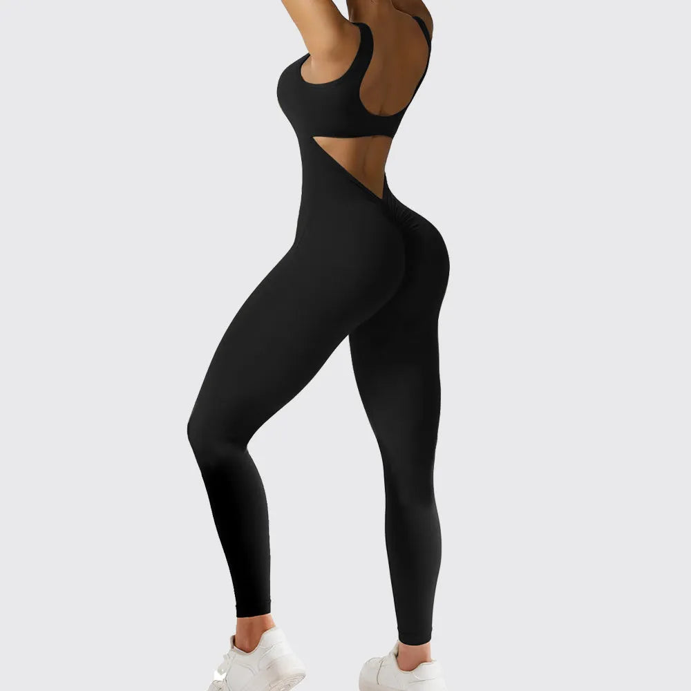 Women's sleeveless flare jumpsuit for yoga and fitness in high-elasticity polyester fabric