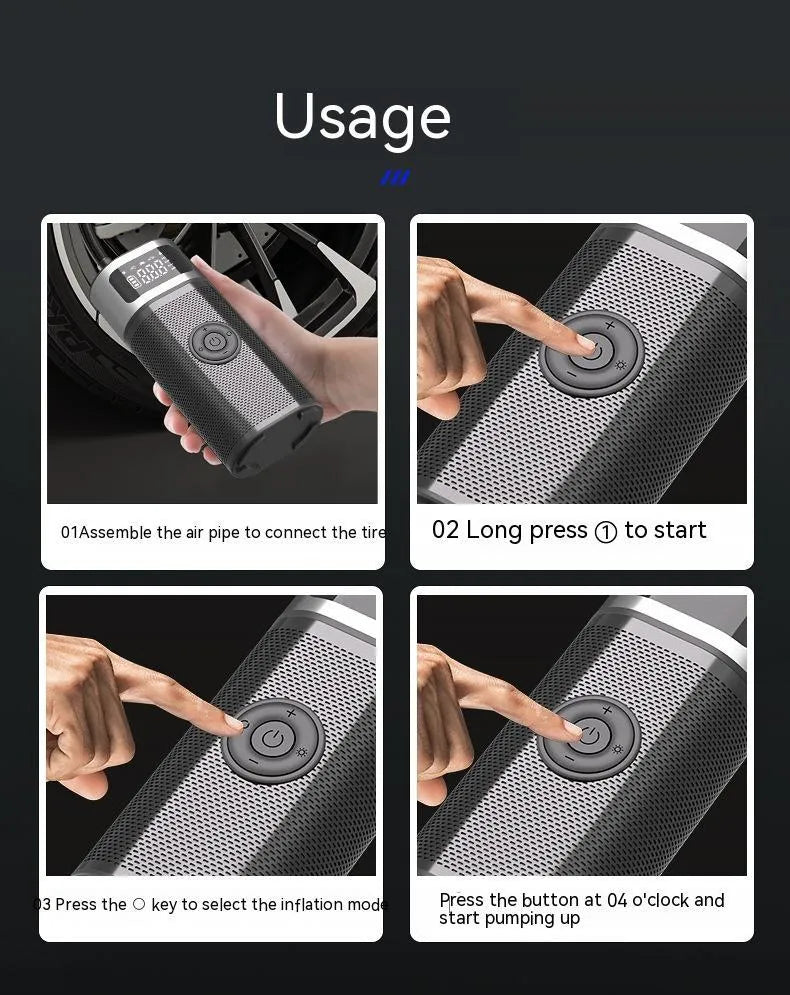 Black portable wireless smart air pump with LED light, USB cable, and nozzles for car, bike, ball, and swimming ring.