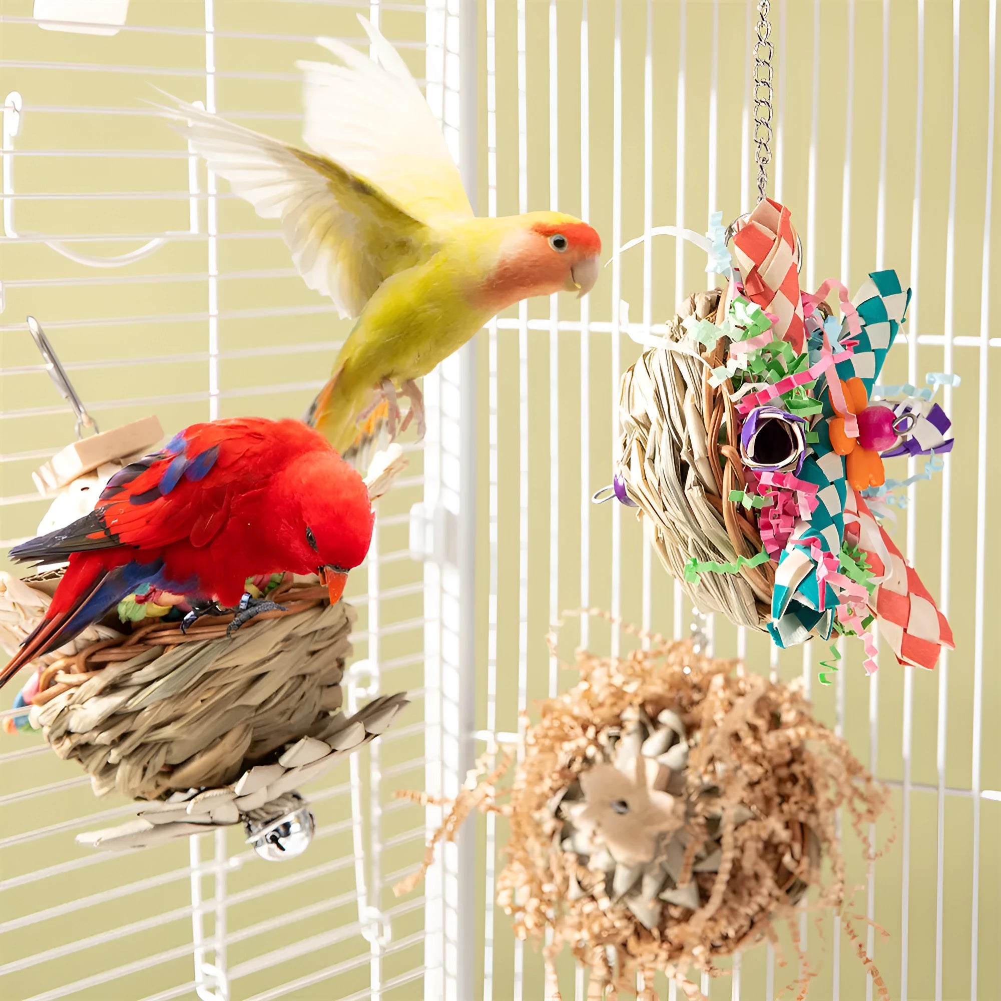 Set of three parrot gnawing toys for beak exercise including types A, B, and C.