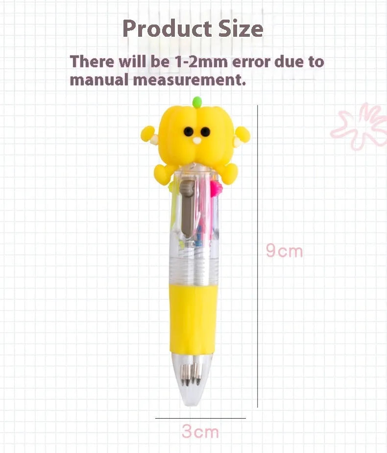 Cartoon-themed four colour press ballpoint pen with plastic and silicone body on a white background.