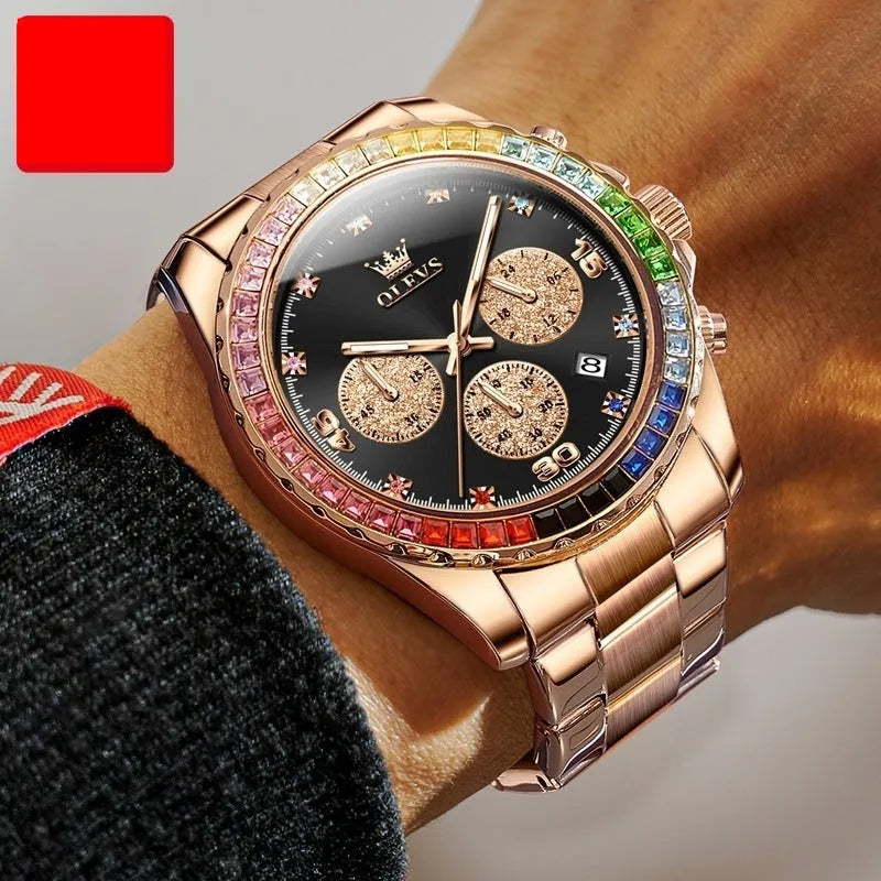 Multi-functional three-eye quartz men's watch with stainless steel strap and rose gold face on white background