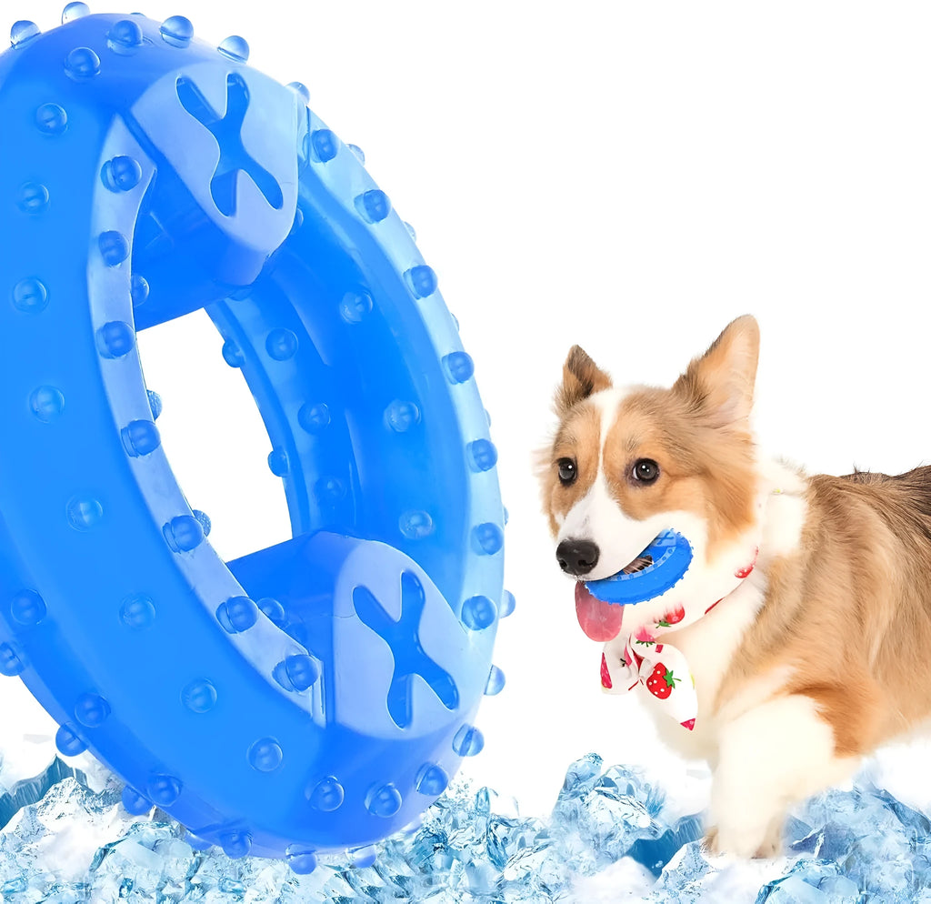 Freezable bone and circle shaped dog chew toys for cooling and teething relief.