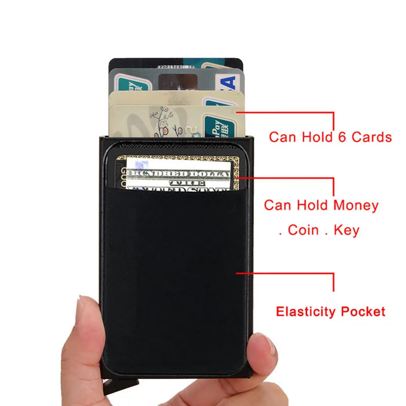 Slim aluminium credit card holder with frosted finish shown in various colours.