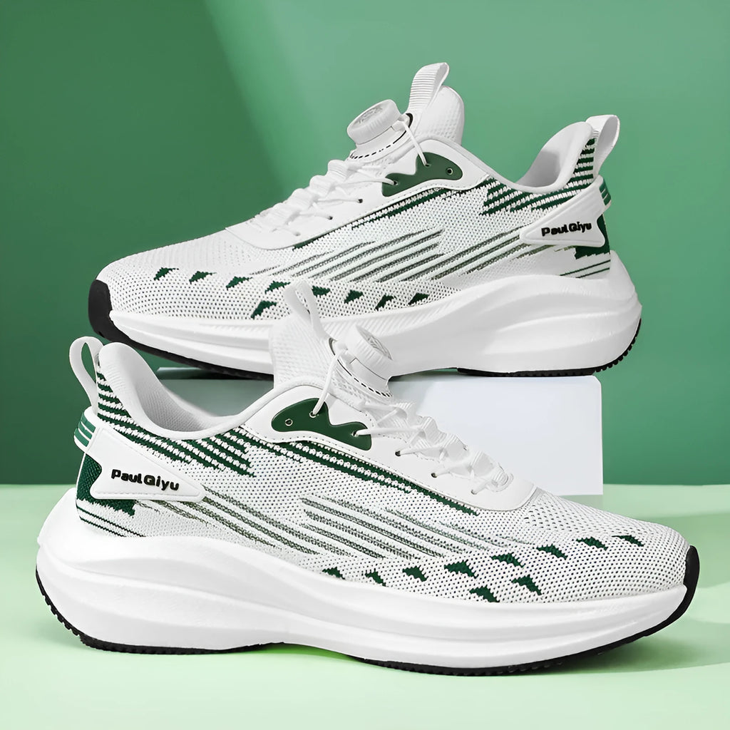 Men's rotating buckle fly-kit mesh running shoes in white green, grey and black colours with low-top design