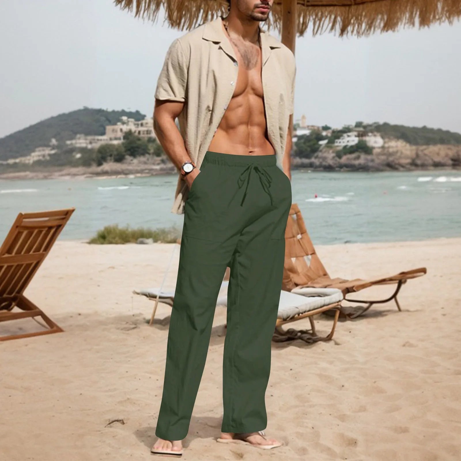 Men's straight-leg cotton linen trousers with drawstring elastic waist in multiple colours