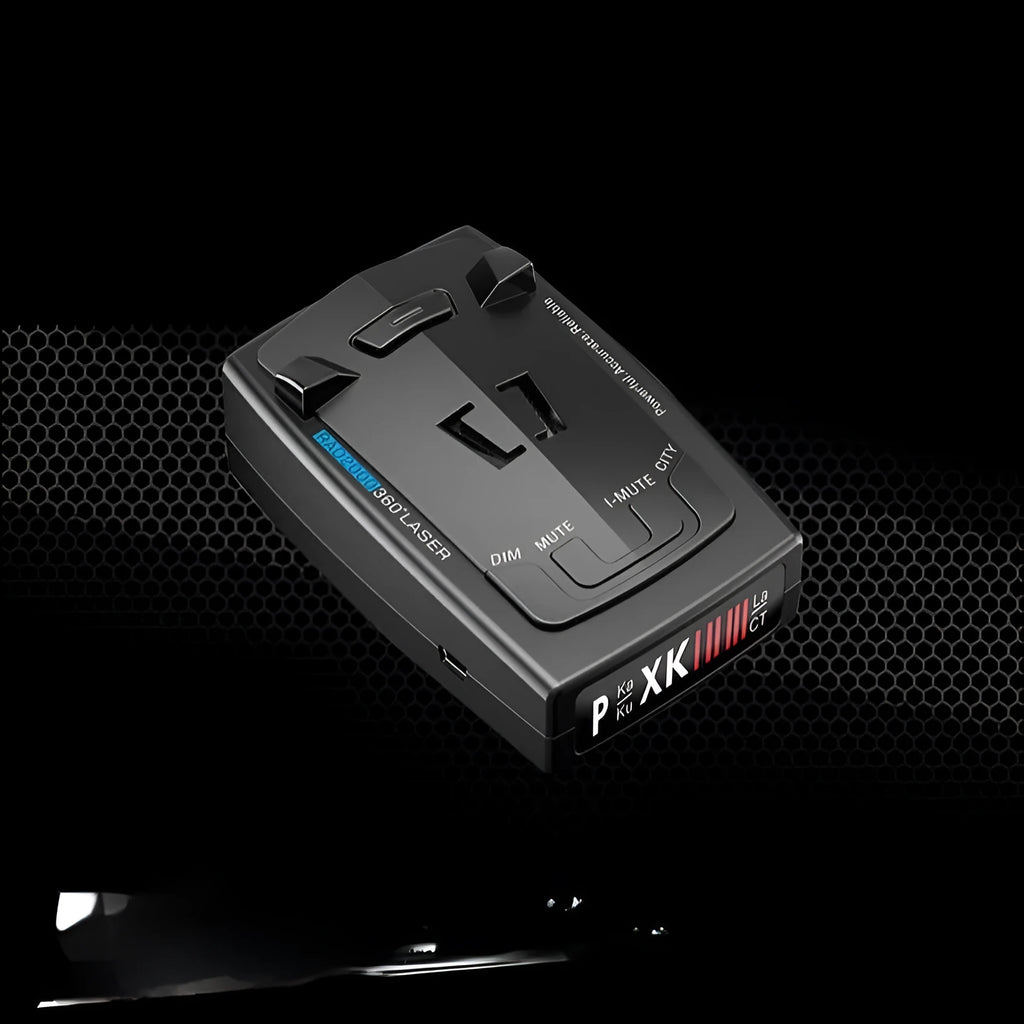 Compact black laser velocimeter for car speed measurement with 12V power input.