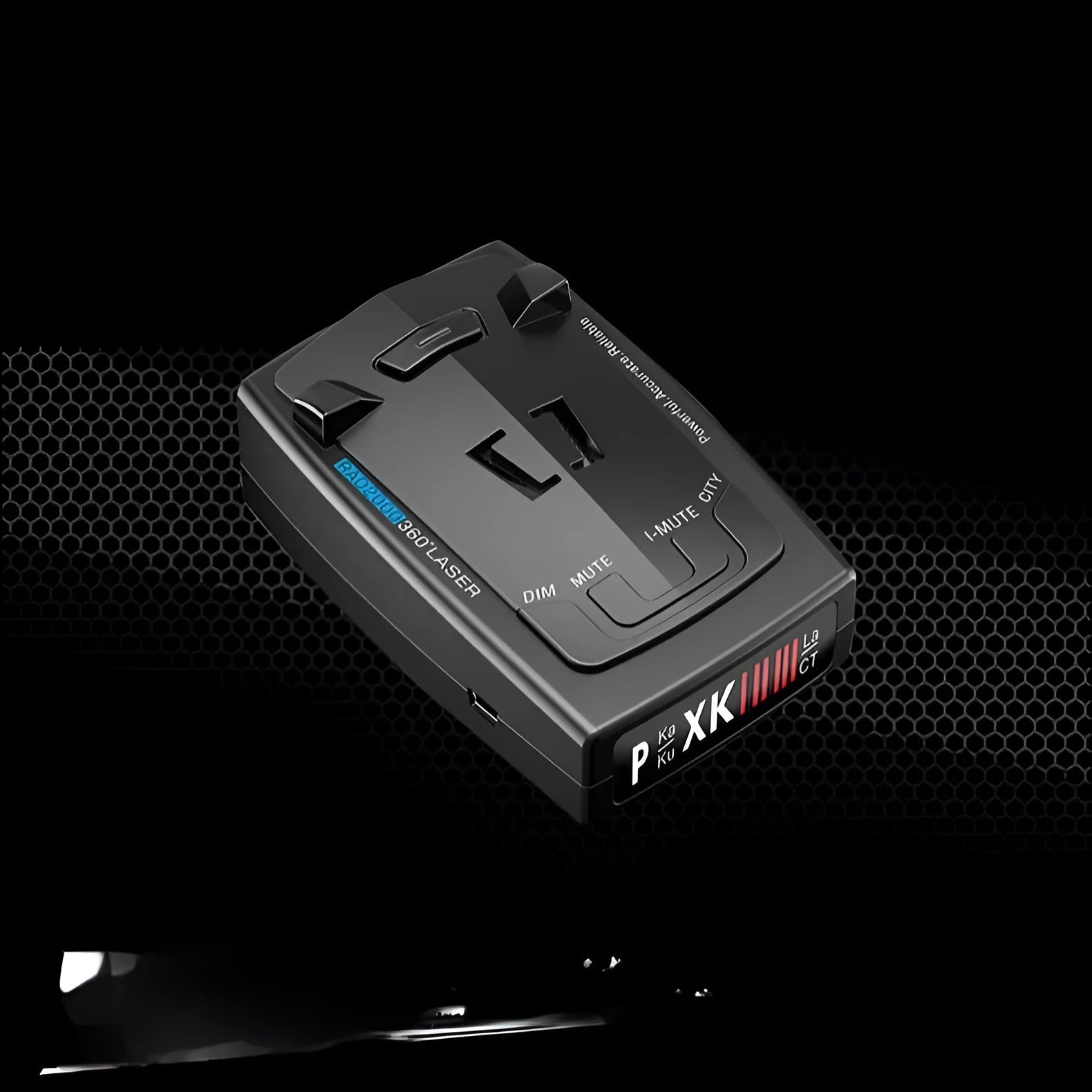 Compact black laser velocimeter for car speed measurement with 12V power input.