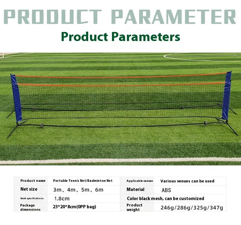 Portable folding badminton bracket support frame and net in four available sizes.