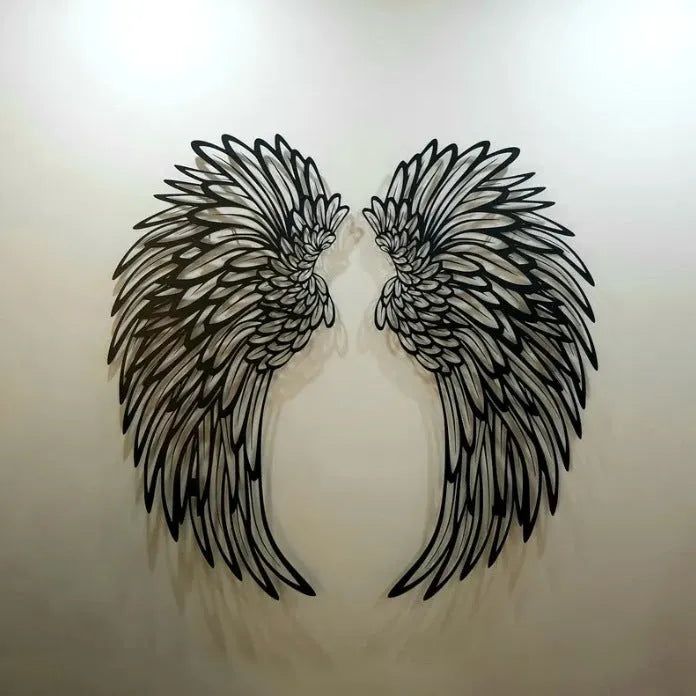 Carved metal wall decor art with light in angel wings shape, black iron, double-sided finish