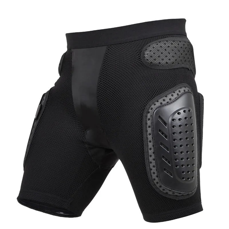 Black cycling hip pad protective pants with adjustable waistband for mountain biking and motocross
