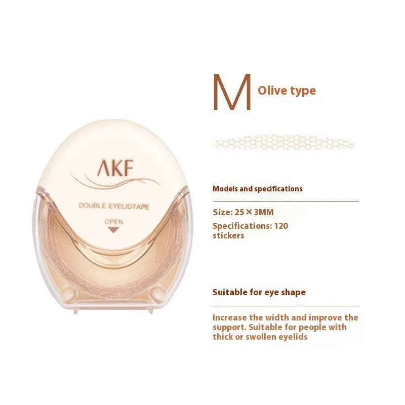 Double eyelid stickers in three lace patterns: Crescent S, Crescent M, and Olive M with 120 stickers per pack