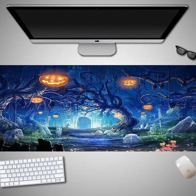 Large Halloween-themed rubber cloth mouse pad on a desk, showing non-slip backing and graphic design.
